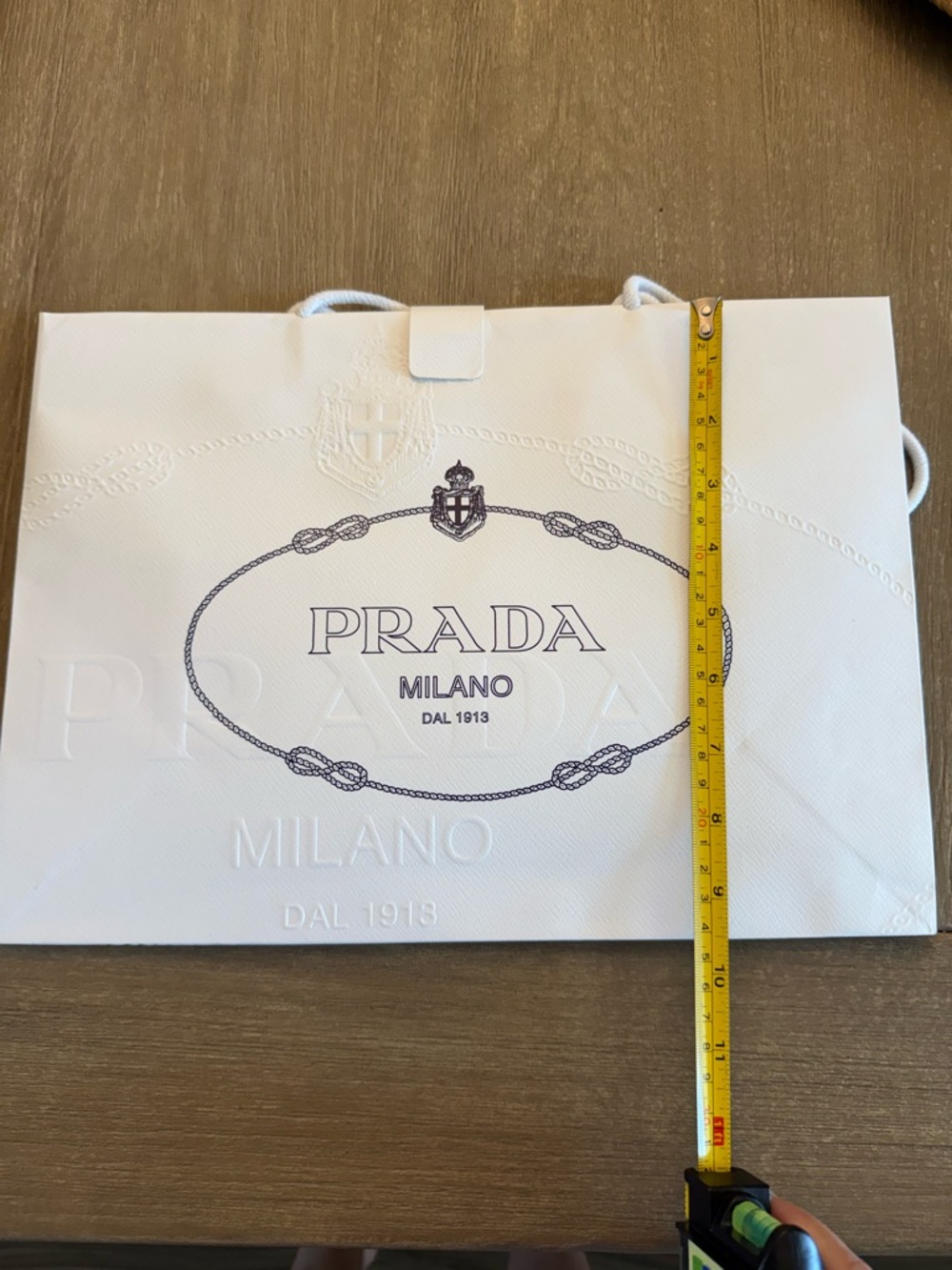 Prada White Shopping Bag with Black Logo Box. (Sunglasses box is for scale only)